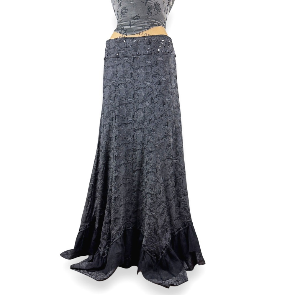 Vintage Paisley Skirt Sequin Maxi Ruffle Hem Whimsygoth Dark Fairycore Size S